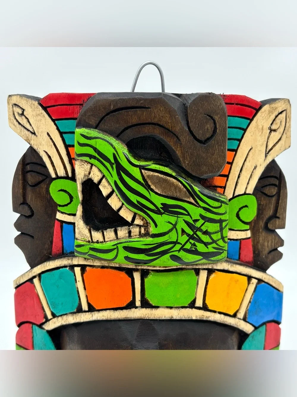 Hand Carved Wooden Mexican Mayan Face Mask Painted 3D Folk Art Wall Hanging Deco